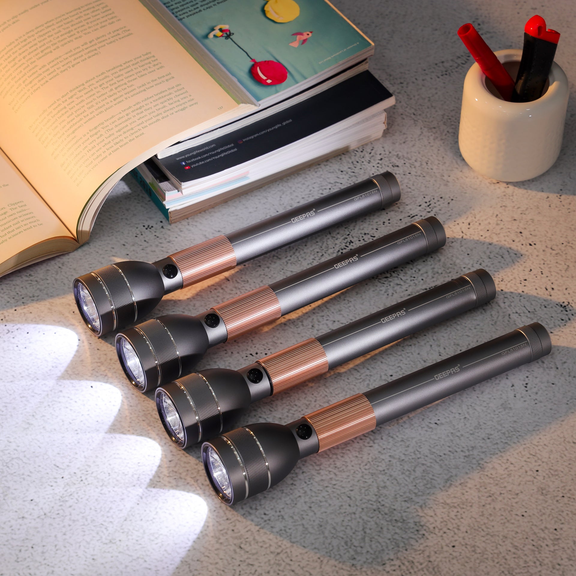 4 In 1 Rechargeable Waterproof LED Flashlight - 330 Lumens Super bright Light with 4 Hours Continuous Working| Ideal for Camping, Trekking, Patrolling & More Gunmetal & Golden