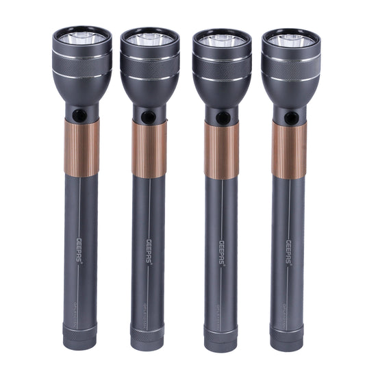 4 In 1 Rechargeable Waterproof LED Flashlight - 330 Lumens Super bright Light with 4 Hours Continuous Working| Ideal for Camping, Trekking, Patrolling & More Gunmetal & Golden