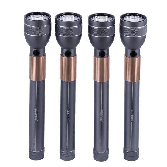 4 In 1 Rechargeable Waterproof LED Flashlight - 330 Lumens Super bright Light with 4 Hours Continuous Working| Ideal for Camping, Trekking, Patrolling & More Gunmetal & Golden