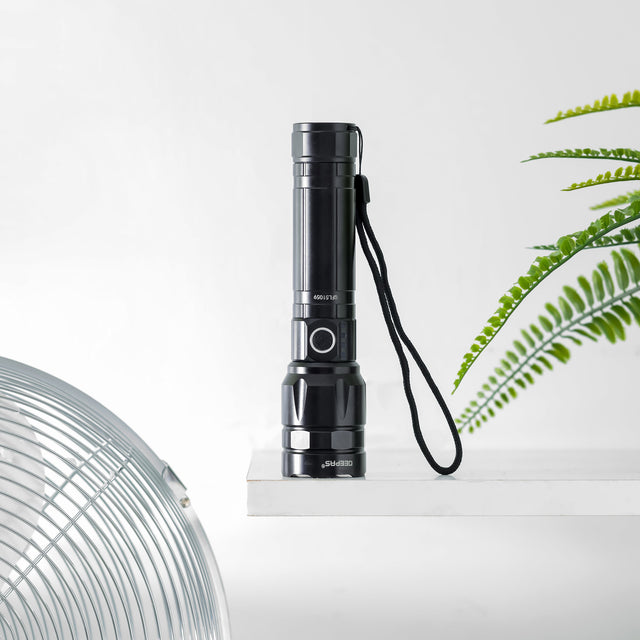 Geepas Rechargeable LED Flashlight- GFL51059| 30W, Perfect for Indoor and Outdoor Use, 5 Hours Continuous Working| With Aircraft Aluminum Housing, Lithium Battery and Power Reminder| Black