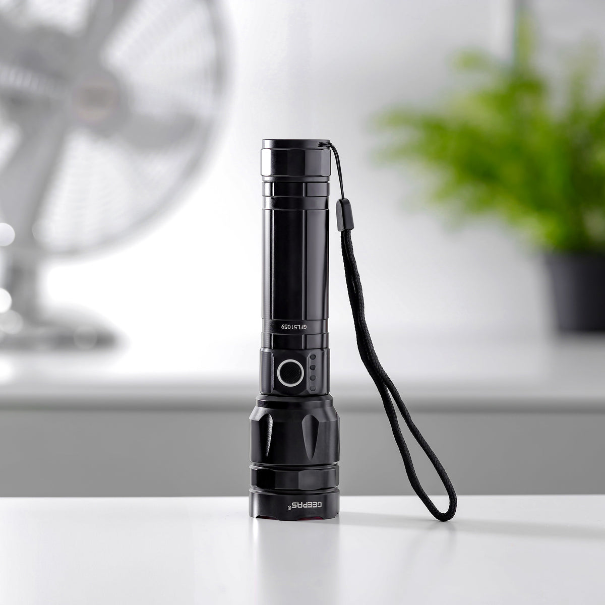 Geepas Rechargeable LED Flashlight- GFL51059| 30W, Perfect for Indoor and Outdoor Use, 5 Hours Continuous Working| With Aircraft Aluminum Housing, Lithium Battery and Power Reminder| Black