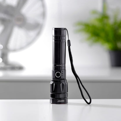 Geepas Rechargeable LED Flashlight- GFL51059| 30W, Perfect for Indoor and Outdoor Use, 5 Hours Continuous Working| With Aircraft Aluminum Housing, Lithium Battery and Power Reminder| Black