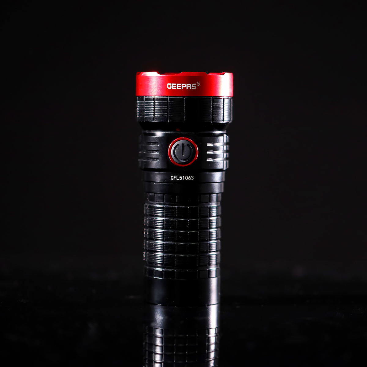 Geepas Rechargeable LED Flashlight with Power Bank Function- GFL51063/ 40W, 6000-6500K, 5000 LM, Perfect for Indoor and Outdoor Use, 15 Hours Continuous Working/ with Aircraft Aluminum Housing, Waterproof IPX6, Lithium Battery Mobile Charging/ Black