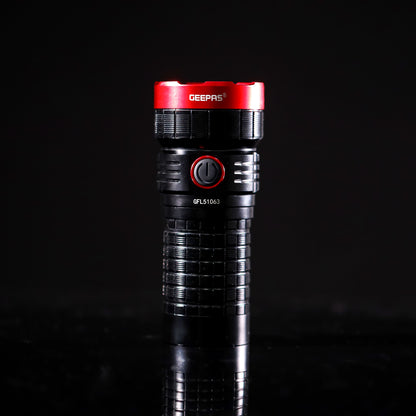 Geepas Rechargeable LED Flashlight with Power Bank Function- GFL51063/ 40W, 6000-6500K, 5000 LM, Perfect for Indoor and Outdoor Use, 15 Hours Continuous Working/ with Aircraft Aluminum Housing, Waterproof IPX6, Lithium Battery Mobile Charging/ Black