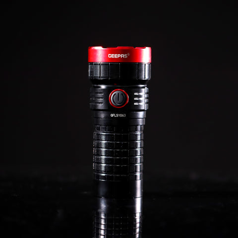 Geepas Rechargeable LED Flashlight with Power Bank Function- GFL51063/ 40W, 6000-6500K, 5000 LM, Perfect for Indoor and Outdoor Use, 15 Hours Continuous Working/ with Aircraft Aluminum Housing, Waterproof IPX6, Lithium Battery Mobile Charging/ Black