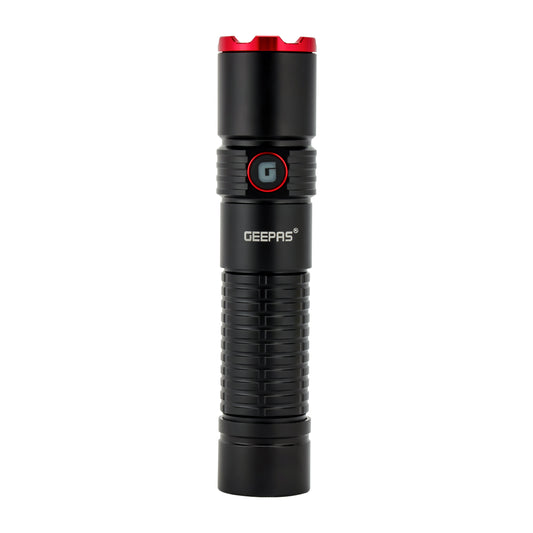 Geepas Rechargeable LED Flashlight- GFL51065/ 20W, 5000-6500K, 2500 LM, Perfect for Indoor and Outdoor Use, 10 Hours Continuous Working/ with Aircraft Aluminum Housing, Waterproof IPX5, Lithium Battery and Power Reminder/ Black, Lifetime Warranty