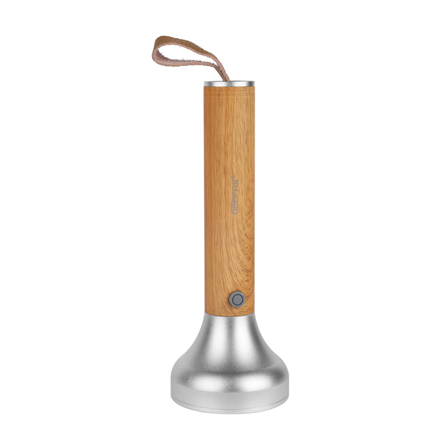 Geepas Rechargeable LED Flashlight- GFL51082/ Wooden Finish, Type C Charging, 5 Hours Working/ 3 Lighting Modes, with Easy Carry Strap, Perfect for Indoor and Outdoor Use, Small and Lightweight/ Silver and Brown, 2 Years Warranty