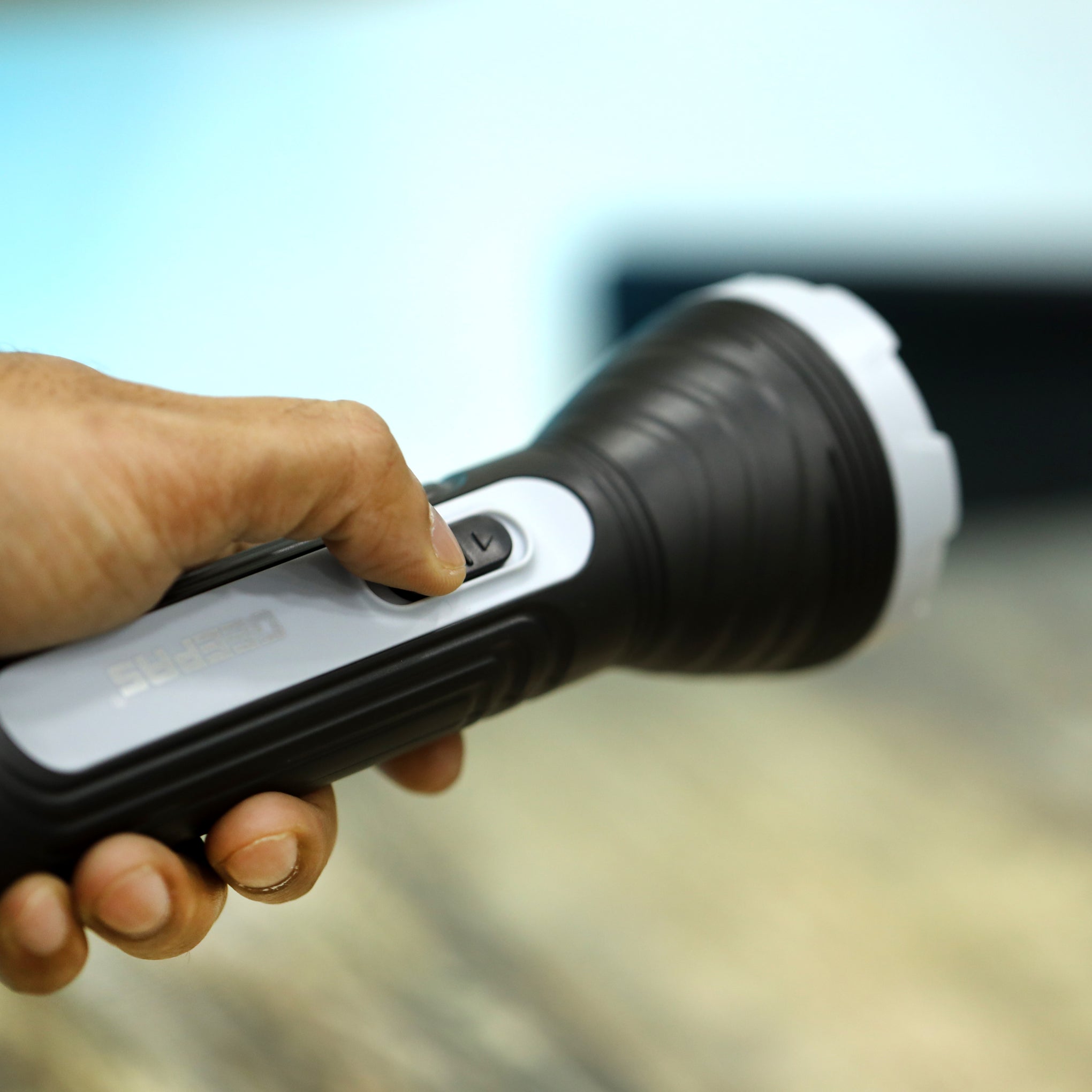 Advanced Rechargeable LED Torch: Heavy-Duty, High-Luminosity with Precision Optics, Extended Runtime (4-Hour), Lead-Acid Battery, Ergonomic & Compact Design for Versatile Indoor & Outdoor Illumination (Camping, Hiking, Emergency) - Black/Grey