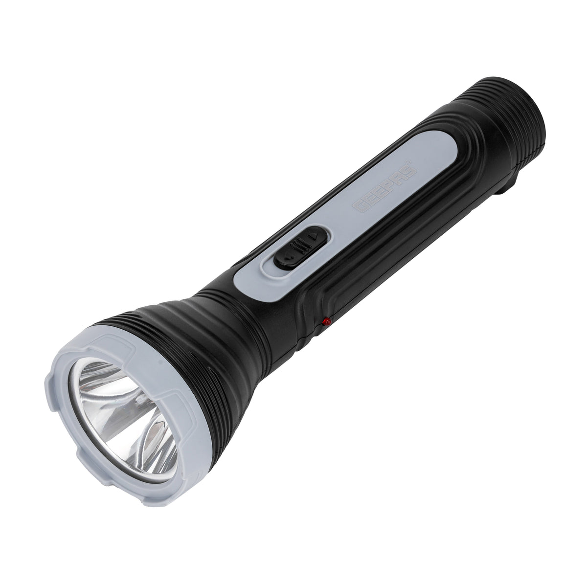 Advanced Rechargeable LED Torch: Heavy-Duty, High-Luminosity with Precision Optics, Extended Runtime (4-Hour), Lead-Acid Battery, Ergonomic & Compact Design for Versatile Indoor & Outdoor Illumination (Camping, Hiking, Emergency) - Black/Grey