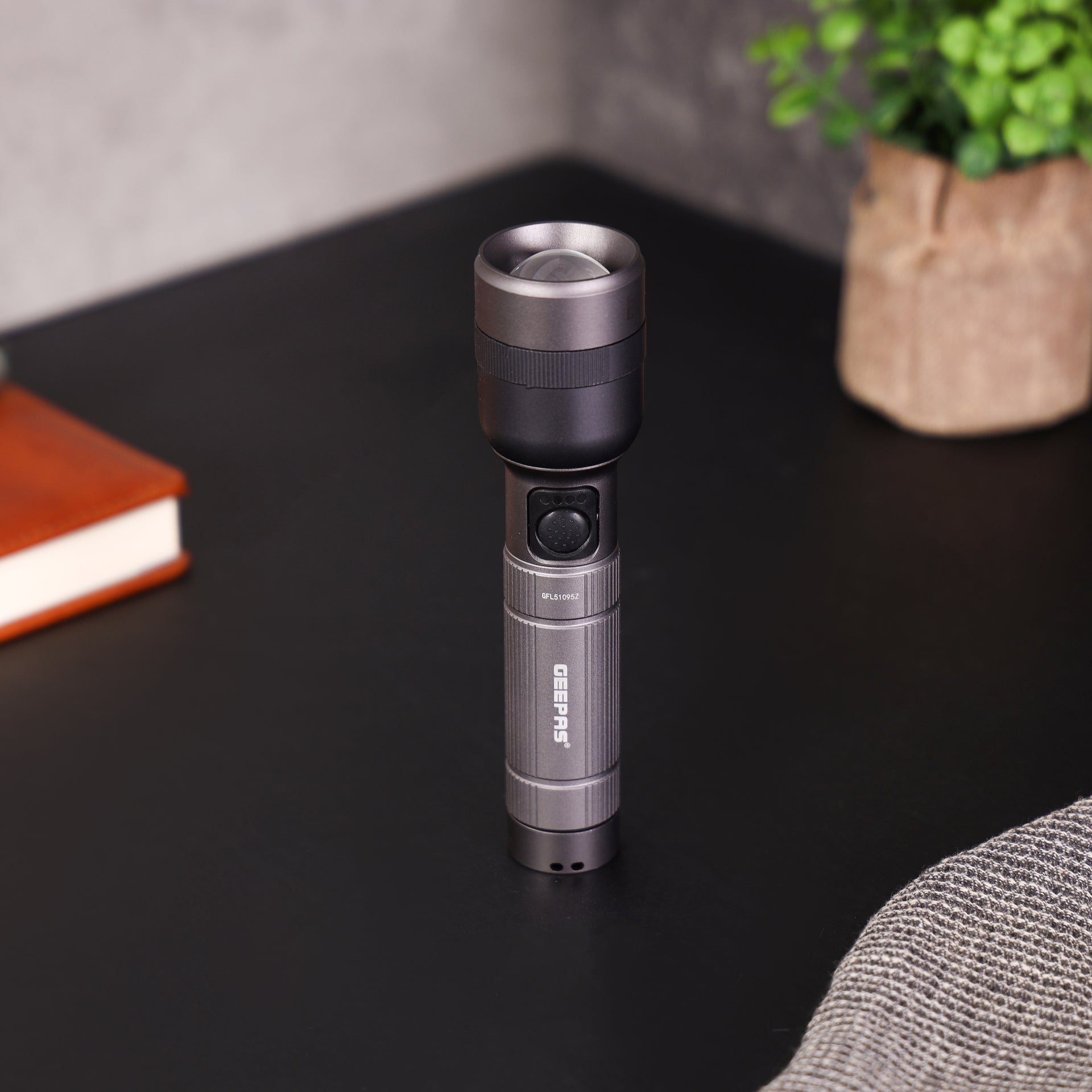 Geepas Zoomable LED Flashlight- GFL51095Z/ 20W, Perfect for Indoor and Outdoor Use, 10 Hours Continuous Working/ with Battery Level Indicator and Power Reminder, Lithium Battery, 1500 Lumens/ Black, Lifetime Warranty
