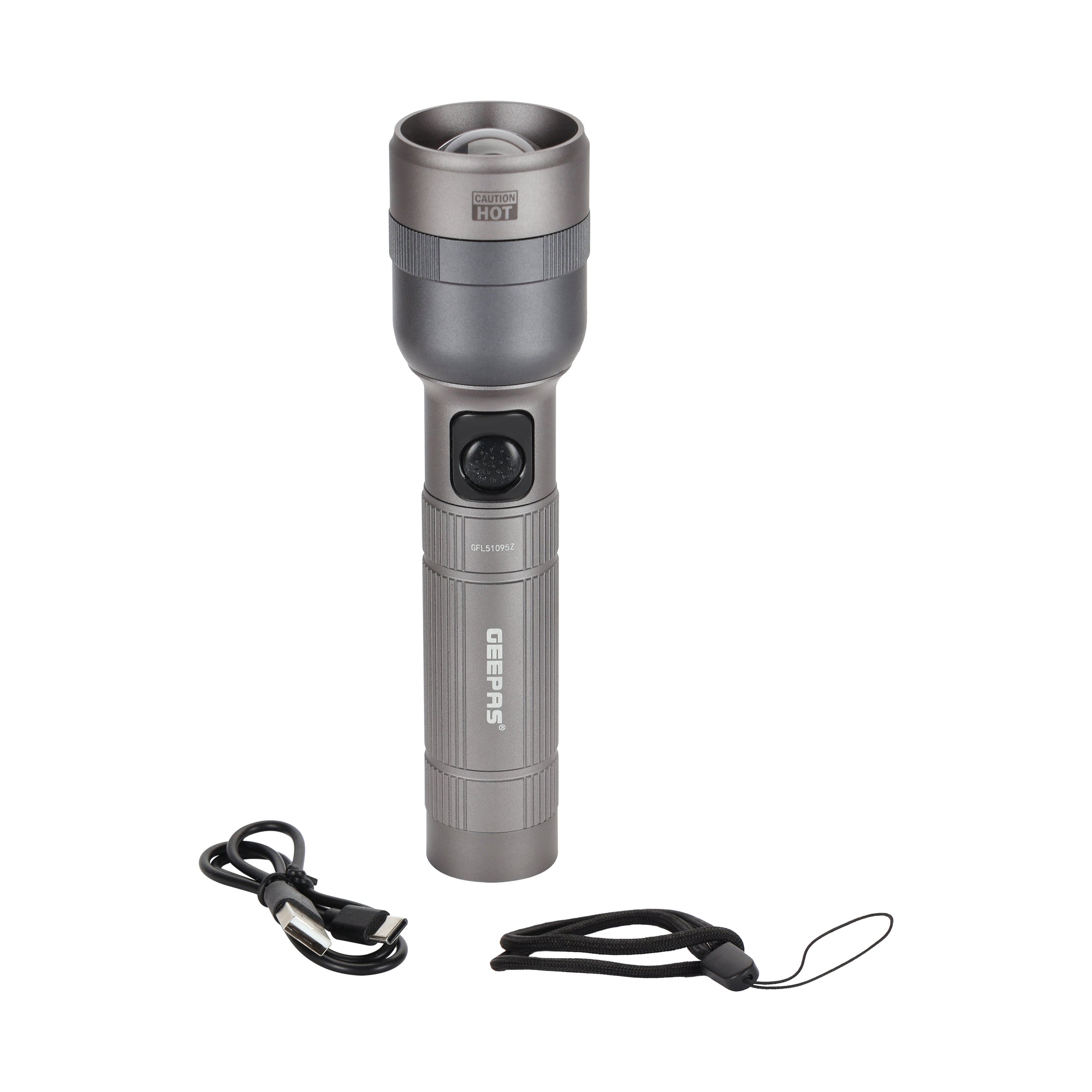 Geepas Zoomable LED Flashlight- GFL51095Z/ 20W, Perfect for Indoor and Outdoor Use, 10 Hours Continuous Working/ with Battery Level Indicator and Power Reminder, Lithium Battery, 1500 Lumens/ Black, Lifetime Warranty