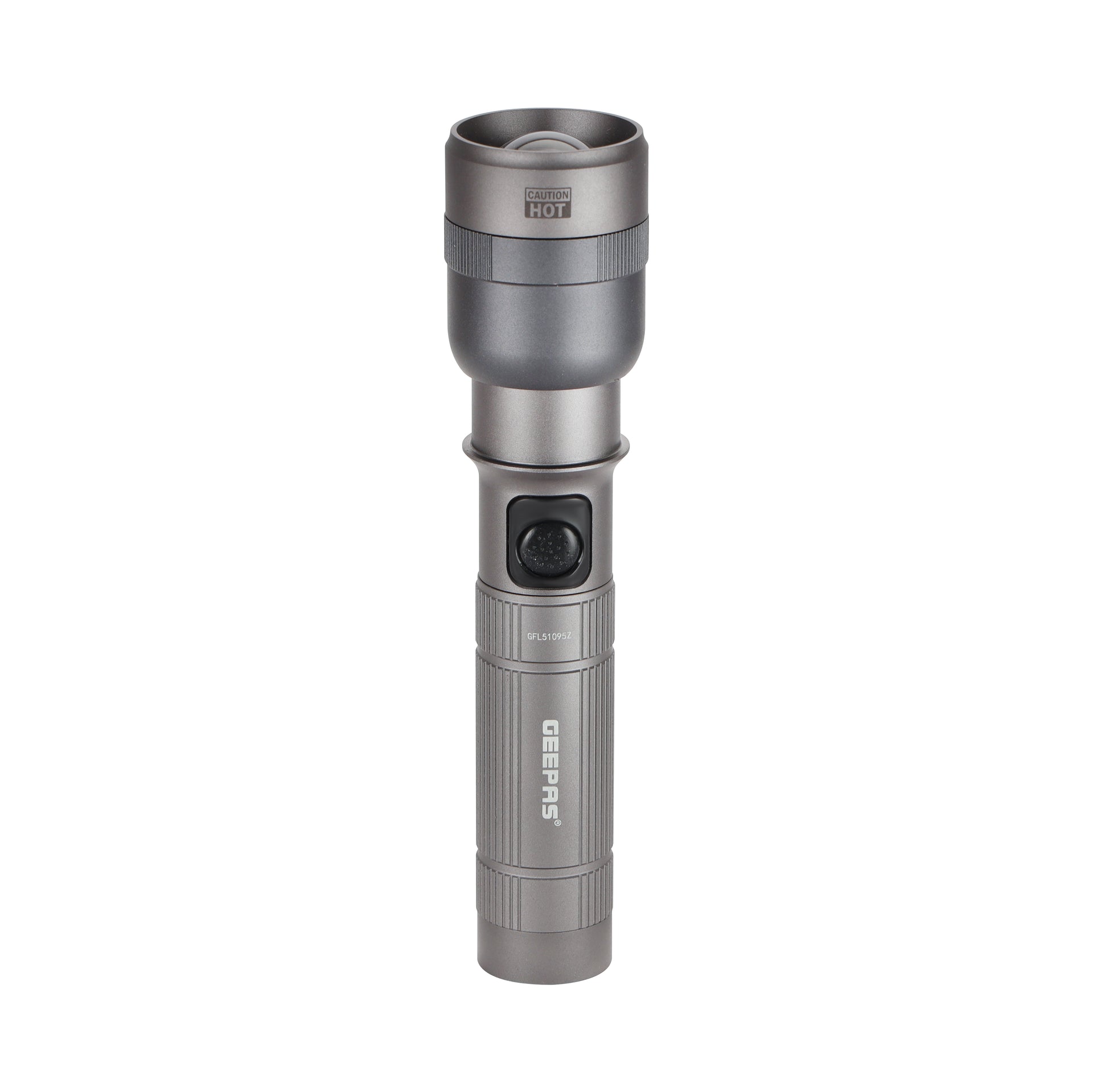 Geepas Zoomable LED Flashlight- GFL51095Z/ 20W, Perfect for Indoor and Outdoor Use, 10 Hours Continuous Working/ with Battery Level Indicator and Power Reminder, Lithium Battery, 1500 Lumens/ Black, Lifetime Warranty