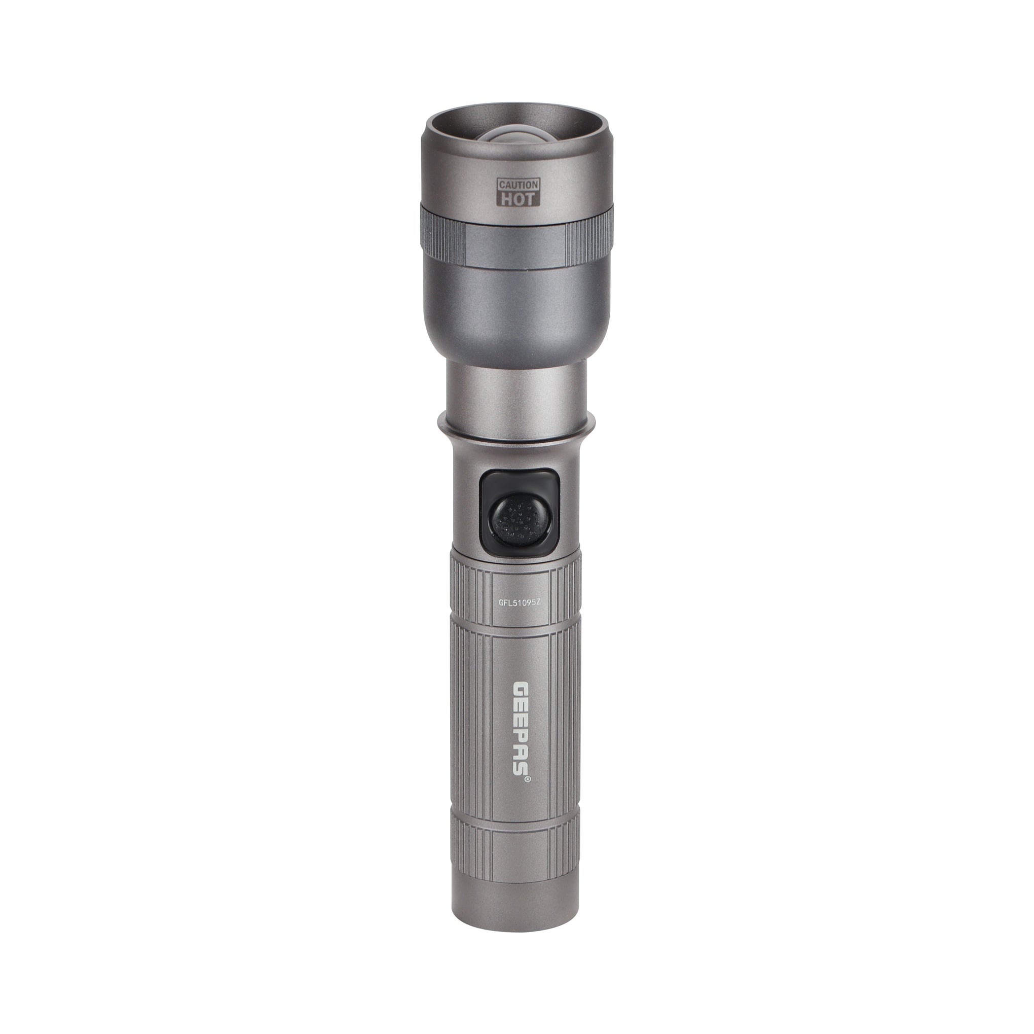 Geepas Zoomable LED Flashlight- GFL51095Z/ 20W, Perfect for Indoor and Outdoor Use, 10 Hours Continuous Working/ with Battery Level Indicator and Power Reminder, Lithium Battery, 1500 Lumens/ Black, Lifetime Warranty