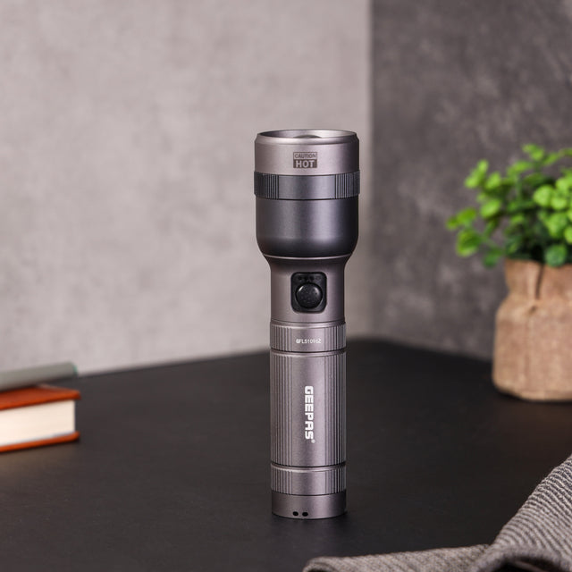 Geepas Zoomable LED Flashlight- GFL51096Z/ 30W, Perfect for Indoor and Outdoor Use, 10 Hours Continuous Working/ with Battery Level Indicator and Power Reminder, Lithium Battery, 2000 Lumens/ Black, Lifetime Warranty