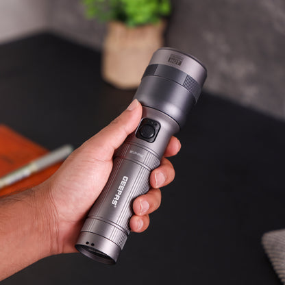 Geepas Zoomable LED Flashlight- GFL51096Z/ 30W, Perfect for Indoor and Outdoor Use, 10 Hours Continuous Working/ with Battery Level Indicator and Power Reminder, Lithium Battery, 2000 Lumens/ Black, Lifetime Warranty