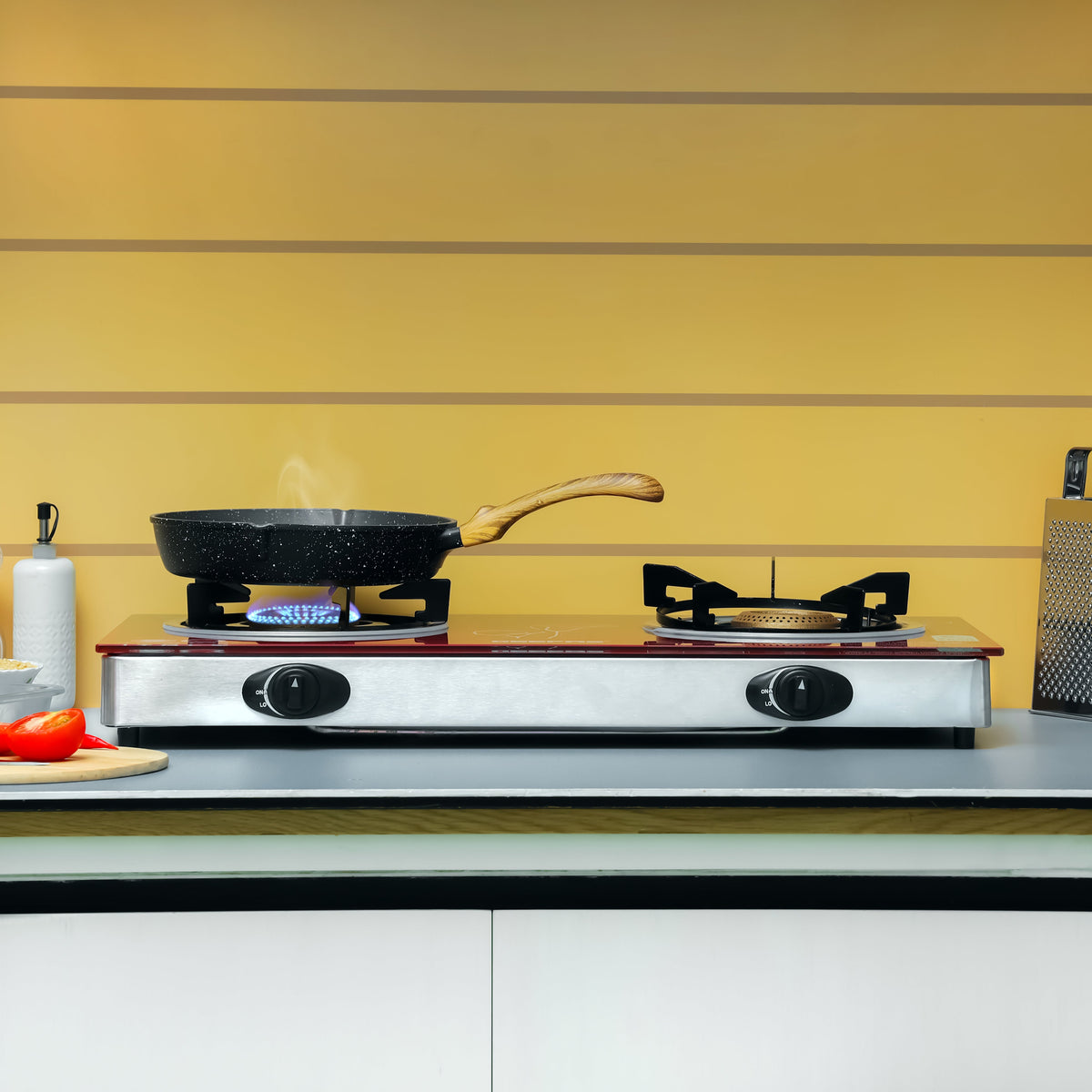 Double Burner Auto Piezo Ignition Tempered Glass Top Stove With Cast Iron GGC31013 Red/Black
