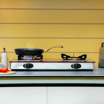 Double Burner Auto Piezo Ignition Tempered Glass Top Stove With Cast Iron GGC31013 Red/Black