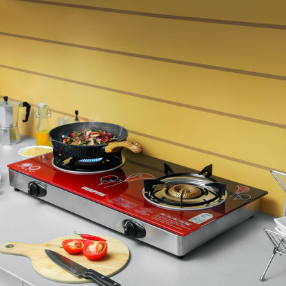 Double Burner Auto Piezo Ignition Tempered Glass Top Stove With Cast Iron GGC31013 Red/Black