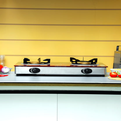 Double Burner Auto Piezo Ignition Tempered Glass Top Stove With Cast Iron GGC31013 Red/Black