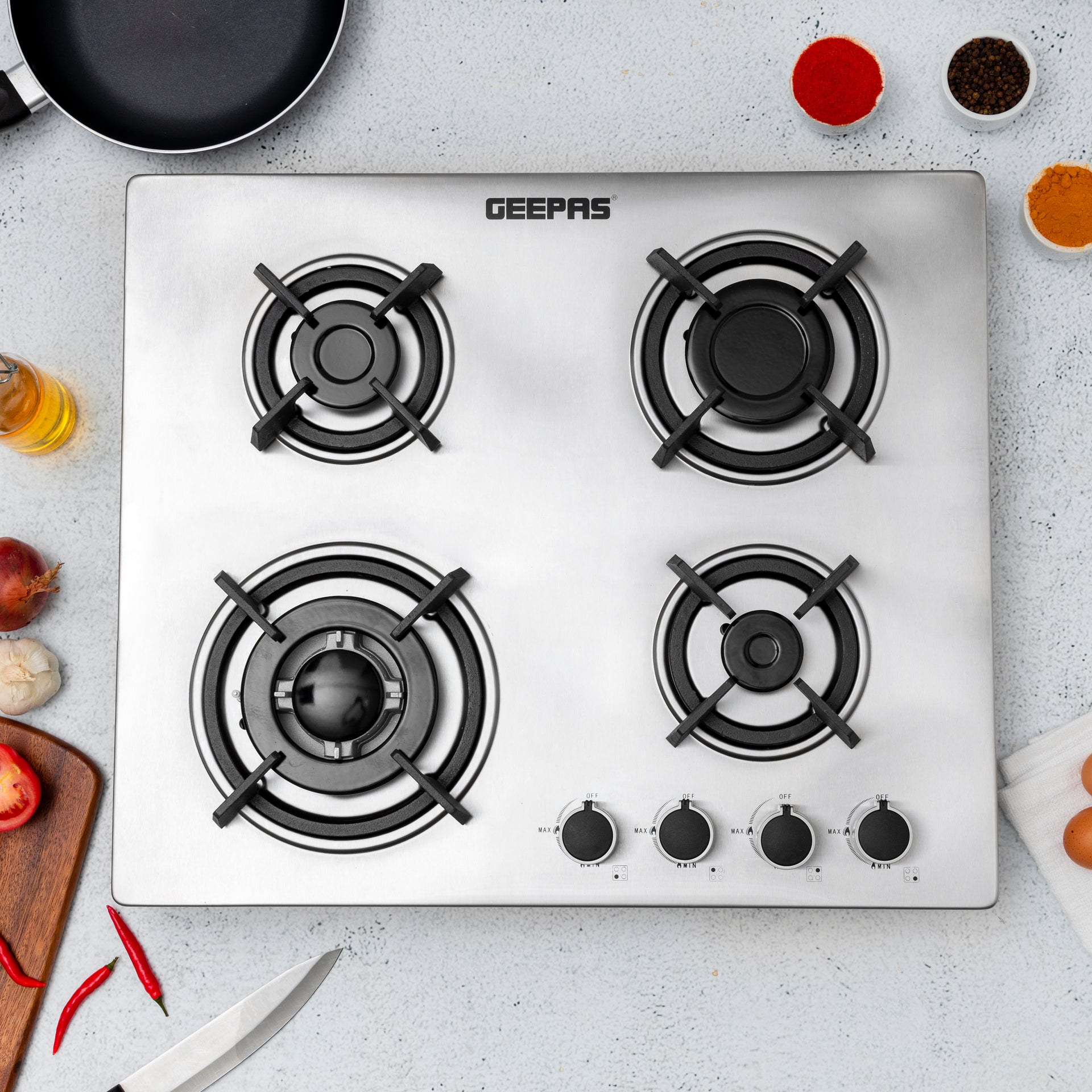 2-in-1 Built-in Gas Hob, Shiny Stainless Steel Top Panel| Sabaf Burners | Cast Iron Pan Support | Automatic-Ignition System| Low Gas Consumption | 4 Control Knobs, Easy To Install GGC31026 Silver