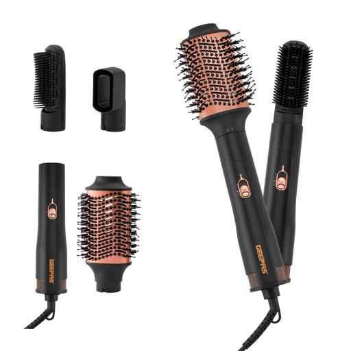 4-in-1 Hair Styler – 1200W Hot Air Brush, 3 Heat & Speed Settings, 3 Interchangeable Styling Heads, Ceramic Coating, 360° Swivel Cord, Black & Rose Gold