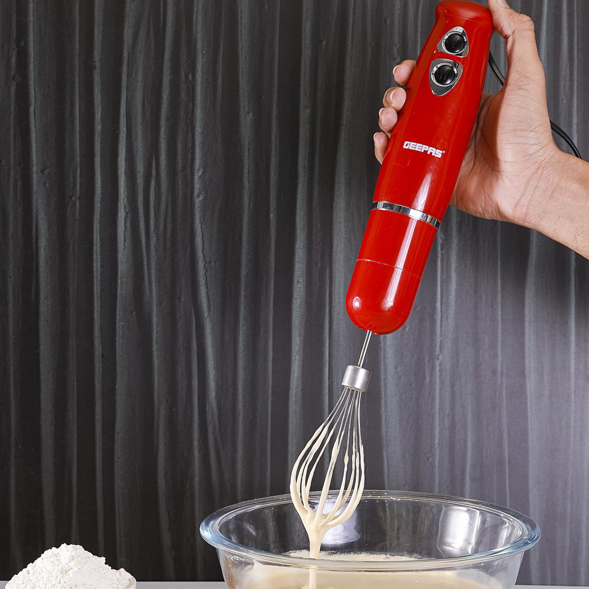 Hand Blender - Stainless Steel Blades with 2 Speed for Baby Food, Soup, Juice | 860ml Chopper Bowl & Electric Egg Whisk - 2 Years Warranty GHB6136 Red/Silver/Clear