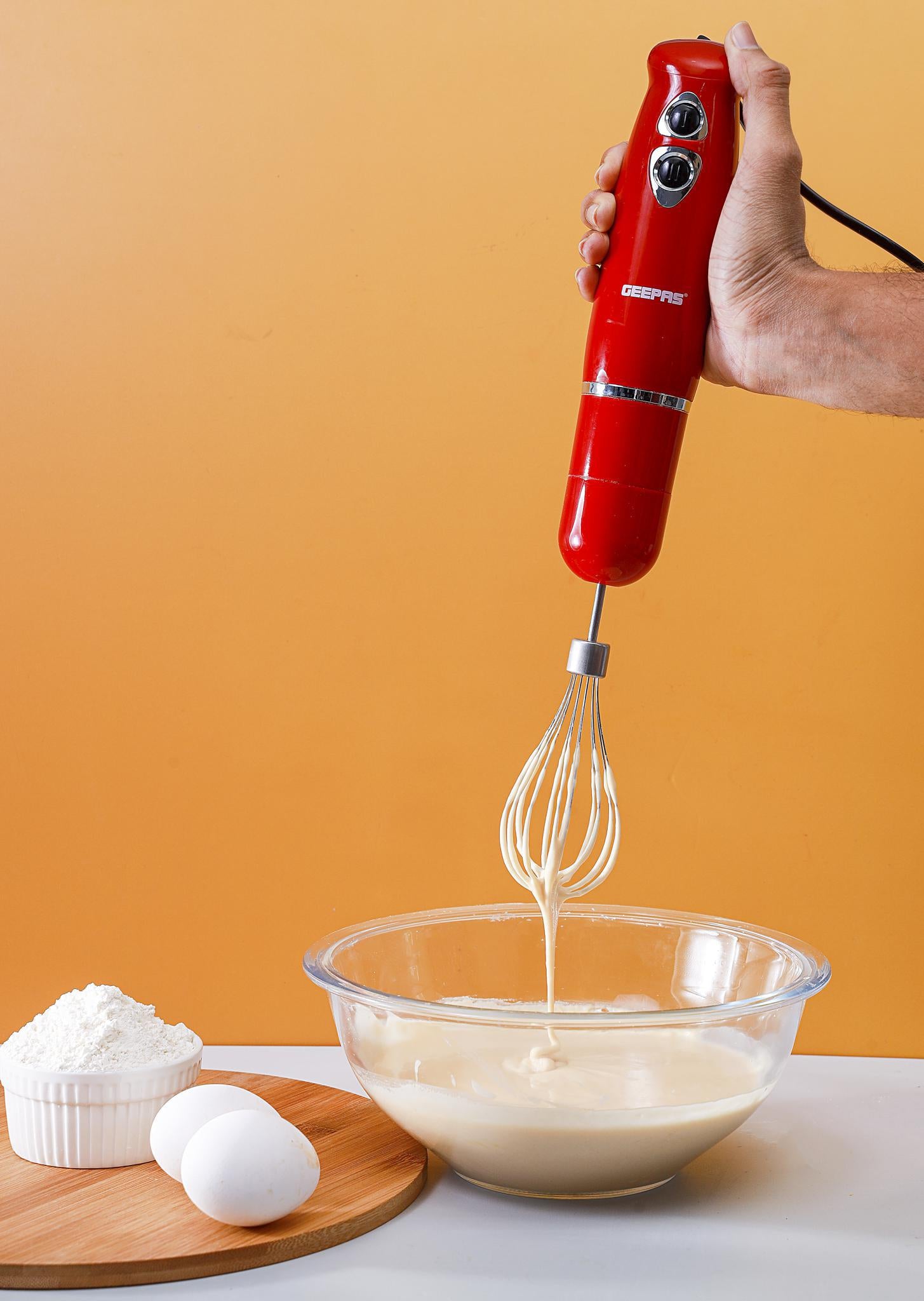 Hand Blender - Stainless Steel Blades with 2 Speed for Baby Food, Soup, Juice | 860ml Chopper Bowl & Electric Egg Whisk - 2 Years Warranty GHB6136 Red/Silver/Clear