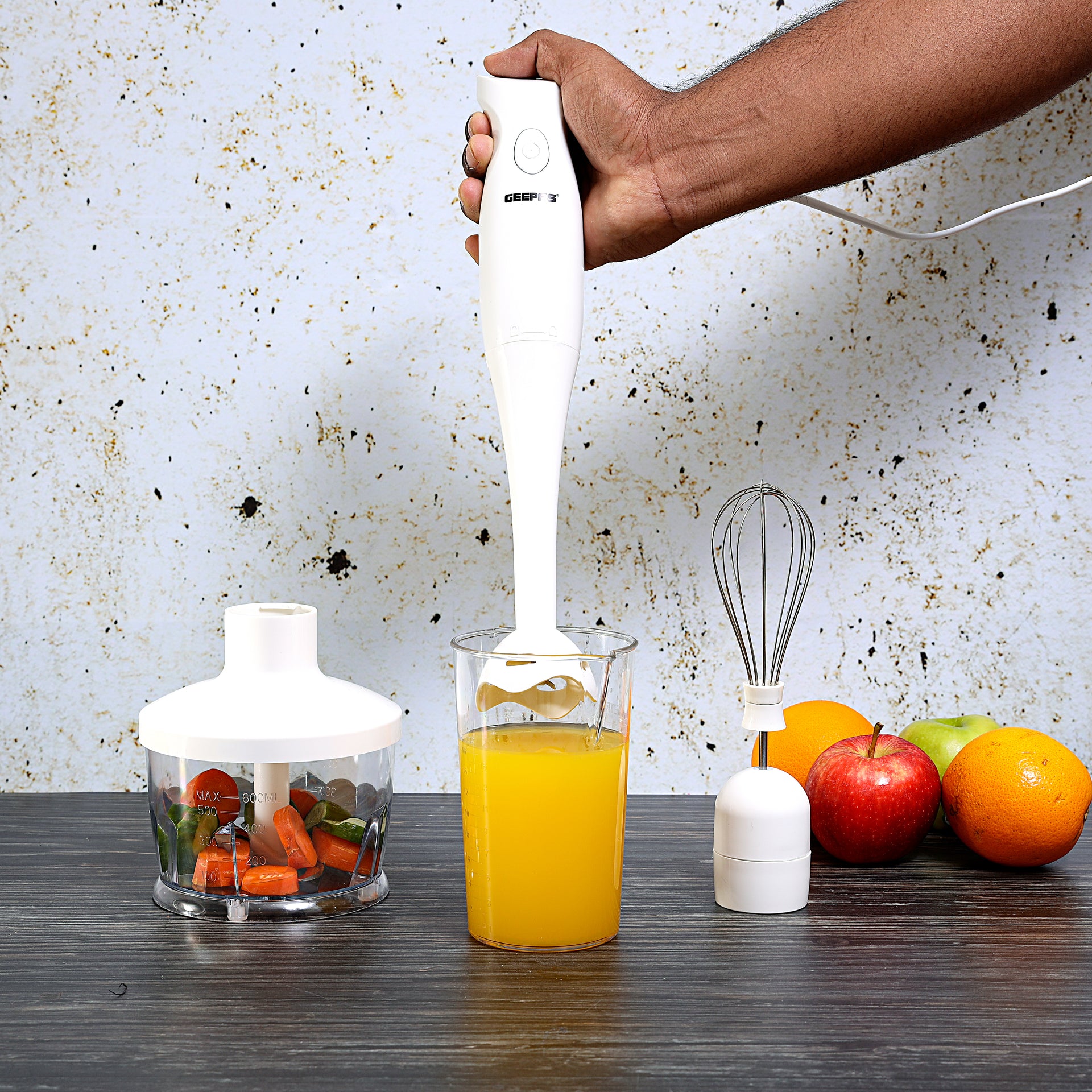 Multi Functional 4 In 1 Hand Blender With 860 ML Chopper Bowl, 2 Speed Options, Stainless Steel Blade GHB6144N White