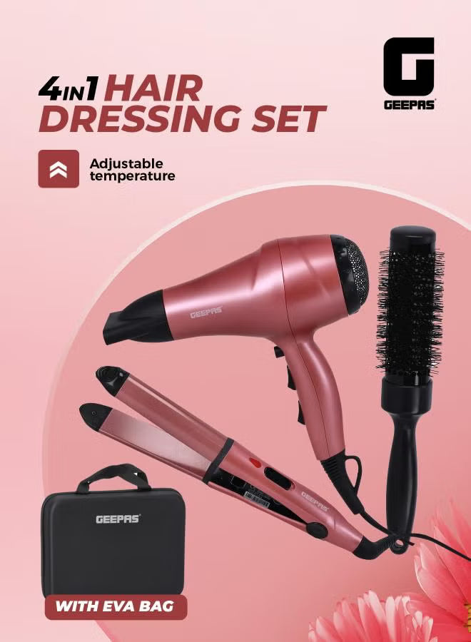 Portable Hair Dressing Set with Adjustable Temperature Setting Hair Dryer Straightener Curler with Eva Bag Pink/Black 1200grams