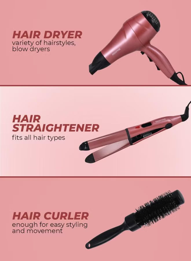 Portable Hair Dressing Set with Adjustable Temperature Setting Hair Dryer Straightener Curler with Eva Bag Pink/Black 1200grams