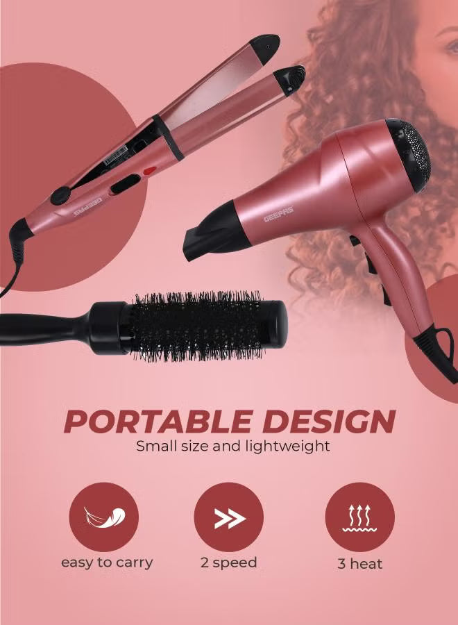 Portable Hair Dressing Set with Adjustable Temperature Setting Hair Dryer Straightener Curler with Eva Bag Pink/Black 1200grams