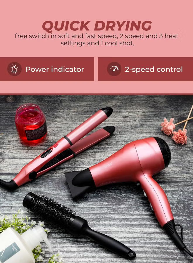 Portable Hair Dressing Set with Adjustable Temperature Setting Hair Dryer Straightener Curler with Eva Bag Pink/Black 1200grams