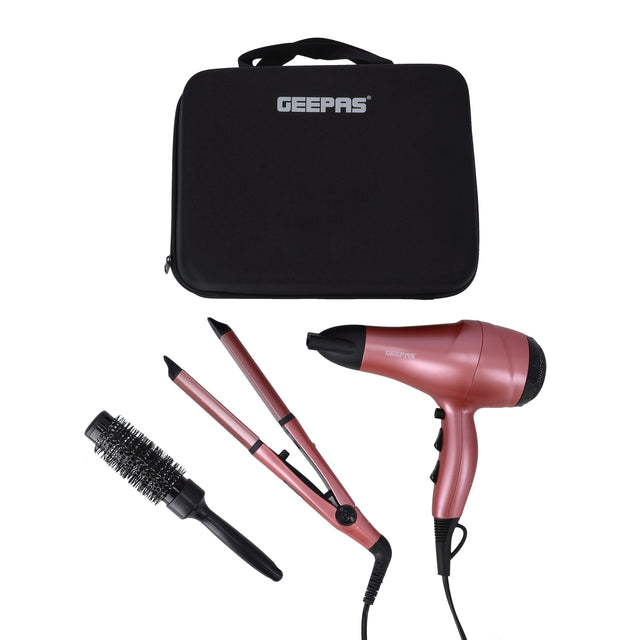 Portable Hair Dressing Set with Adjustable Temperature Setting Hair Dryer Straightener Curler with Eva Bag Pink/Black 1200grams
