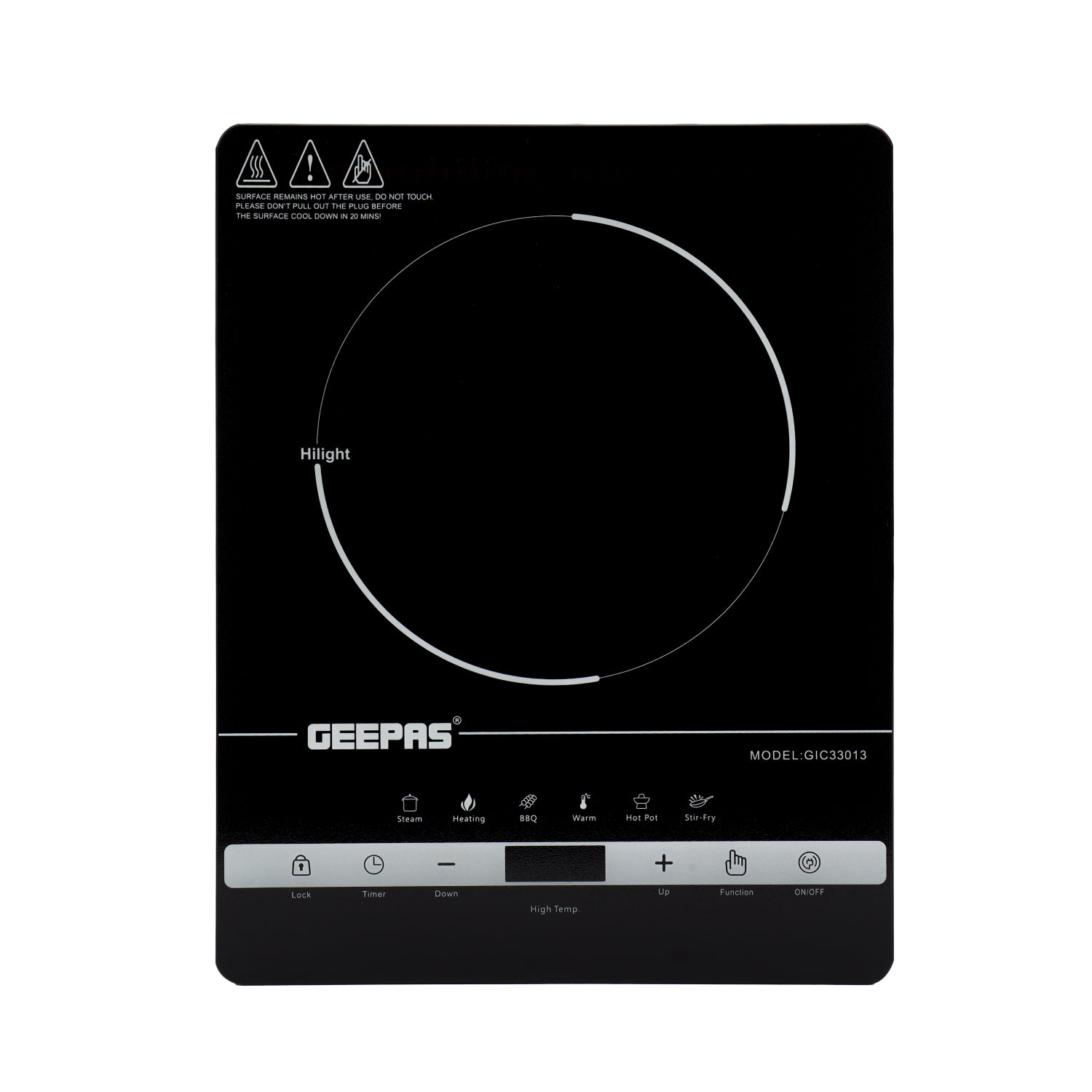Geepas Digital Infrared Cooker GIC33013 – 2000W Ceramic Heating Element, 4-Digit LED Display, Touch Control, 8 Temperature Settings, 3-Hour Timer, Auto Shut-Off, Black