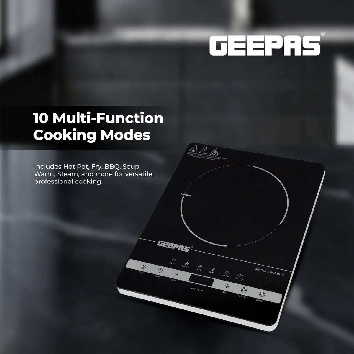Geepas Digital Infrared Cooker GIC33013 – 2000W Ceramic Heating Element, 4-Digit LED Display, Touch Control, 8 Temperature Settings, 3-Hour Timer, Auto Shut-Off, Black