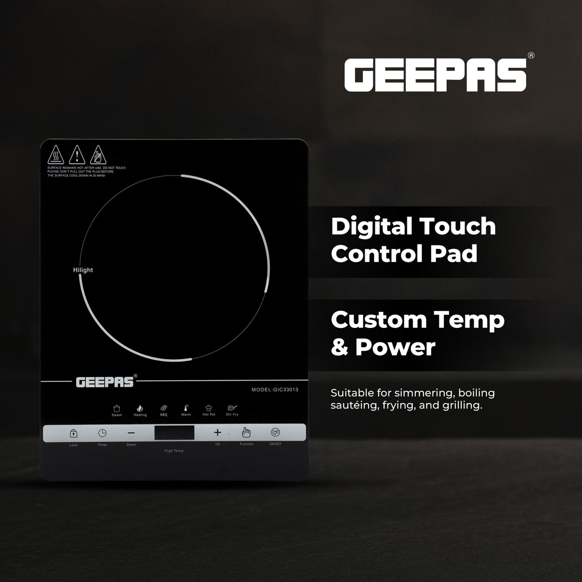 Geepas Digital Infrared Cooker GIC33013 – 2000W Ceramic Heating Element, 4-Digit LED Display, Touch Control, 8 Temperature Settings, 3-Hour Timer, Auto Shut-Off, Black
