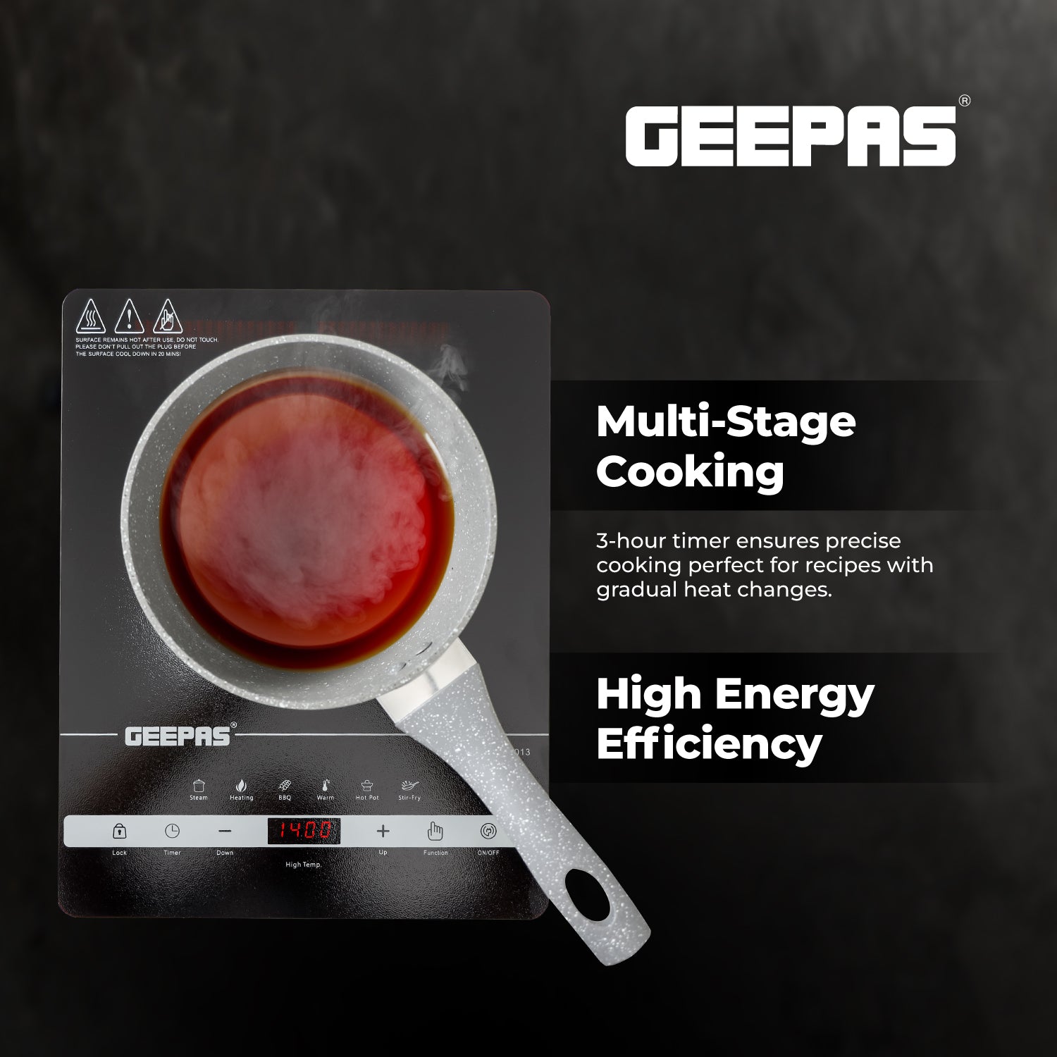 Geepas Digital Infrared Cooker GIC33013 – 2000W Ceramic Heating Element, 4-Digit LED Display, Touch Control, 8 Temperature Settings, 3-Hour Timer, Auto Shut-Off, Black