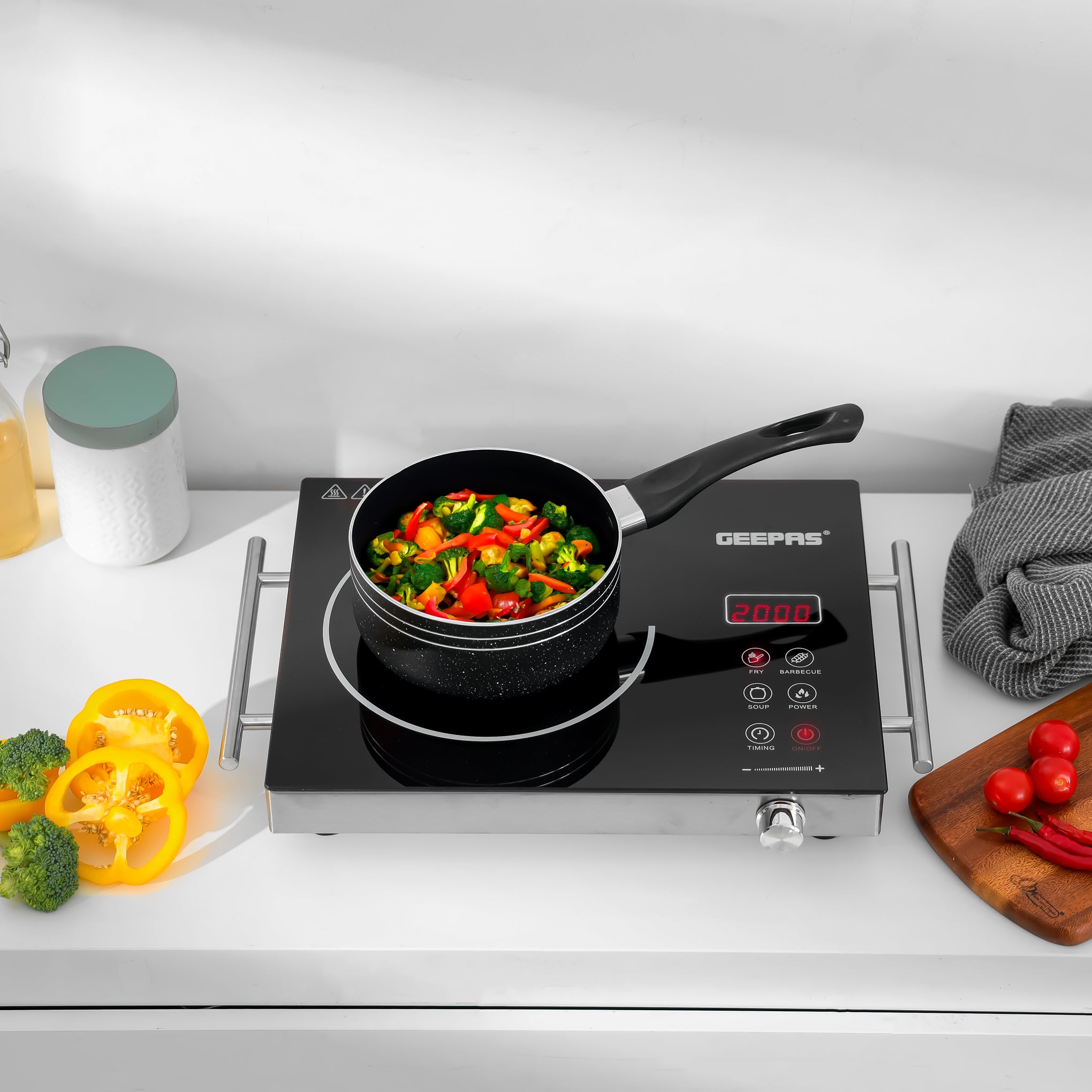 4 Digit LED Display Digital Infrared Cooker,High-Temperature Resistant Glass, Elegant Design, Fireproof Material, Stainless Steel Body,Ceramic Heating Element, With 10 levels Of watt Setting GIC6920NV Black