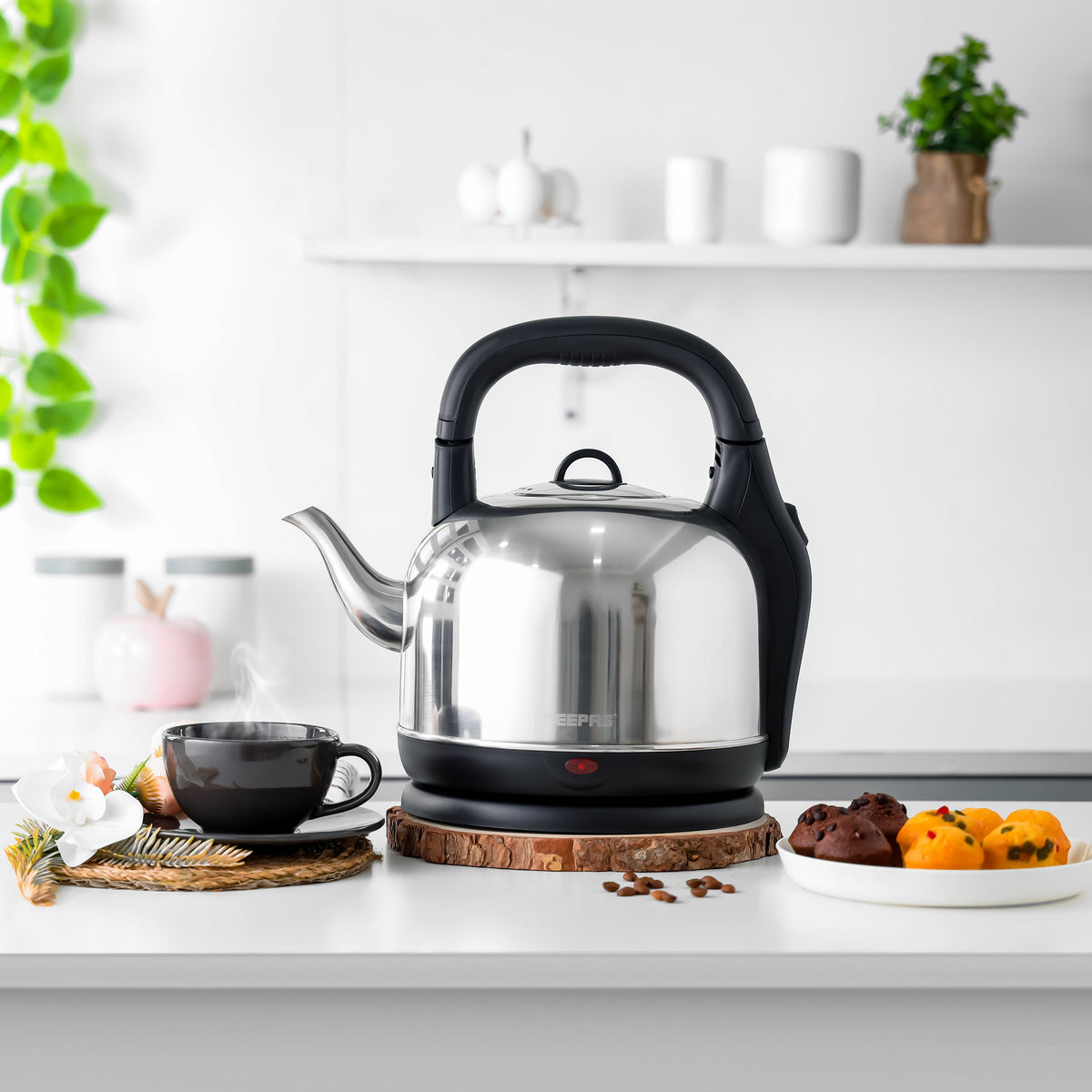 4.2L Traditional Arabic Electric Kettle - 304 Food Grade Stainless Steel, 360° Cordless Rotation Design, Large Capacity Dallah Style 4.2 L 2400 W GK38024 Silver