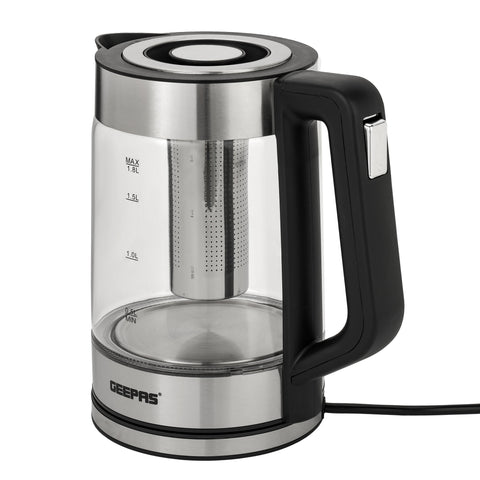 1.8 liter Electric Glass Kettle| Stainless Steel Filter,Boil Dry Protection and Automatic Cut-Off| LED Lighting, Perfect for Boiling Water, Milk, Tea| 2200 W, Cool Touch Handle| 2 Years Warranty 1.8 L 2200 W GK38049 Black