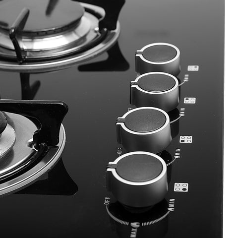 GK4410 4-Burner Gas Cooker- Size 130/100/70/50 mm Respectively - 8mm Tempered Glass Worktop, Automatic Ignition, 4 heating Zones | Stainless Steel Frame GK4410 Black