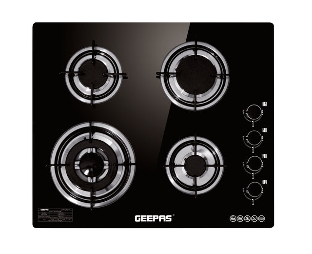 GK4410 4-Burner Gas Cooker- Size 130/100/70/50 mm Respectively - 8mm Tempered Glass Worktop, Automatic Ignition, 4 heating Zones | Stainless Steel Frame GK4410 Black