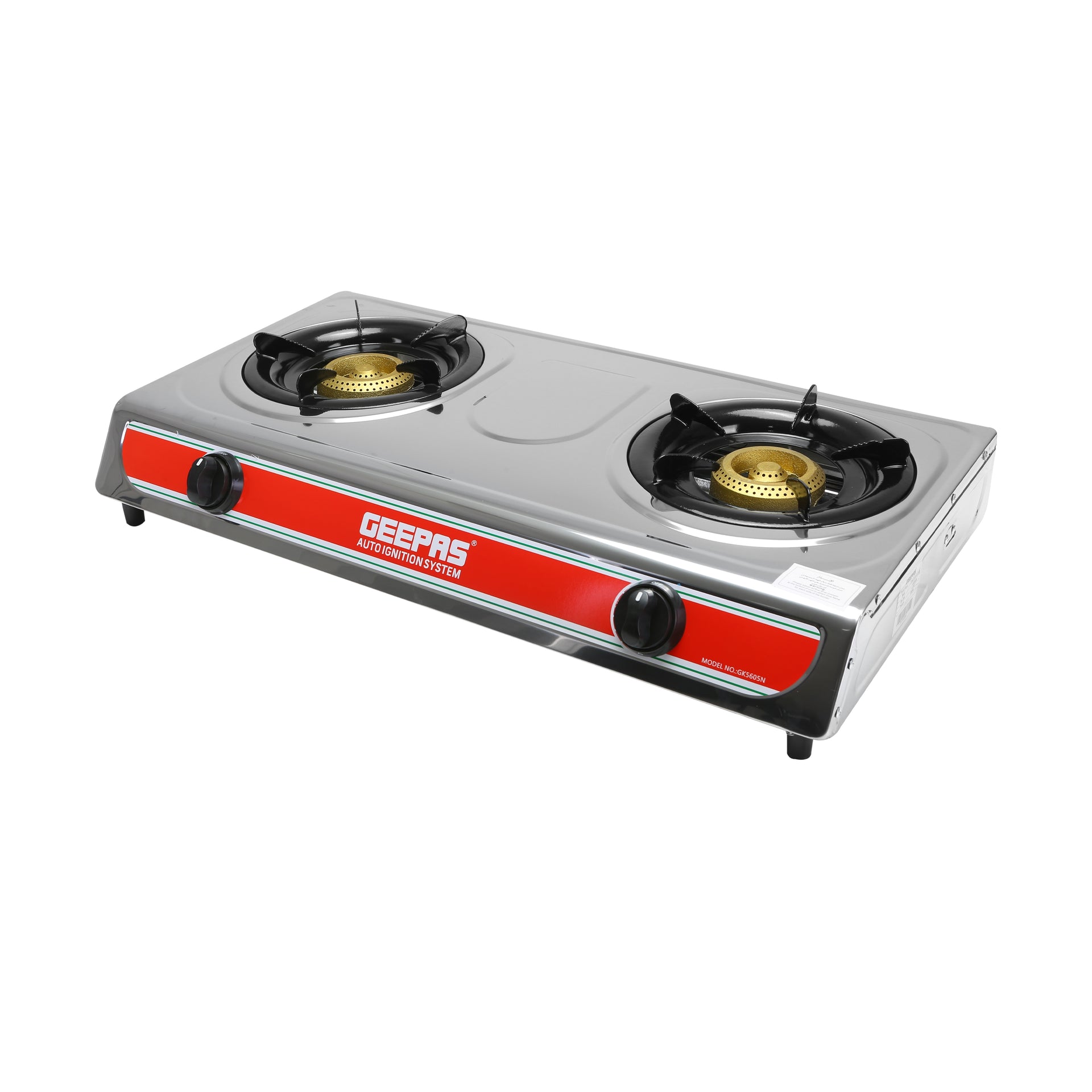 Double Burner Stainless Steel Gas Stove with Automatic Ignition System GK5605 Silver/Orange