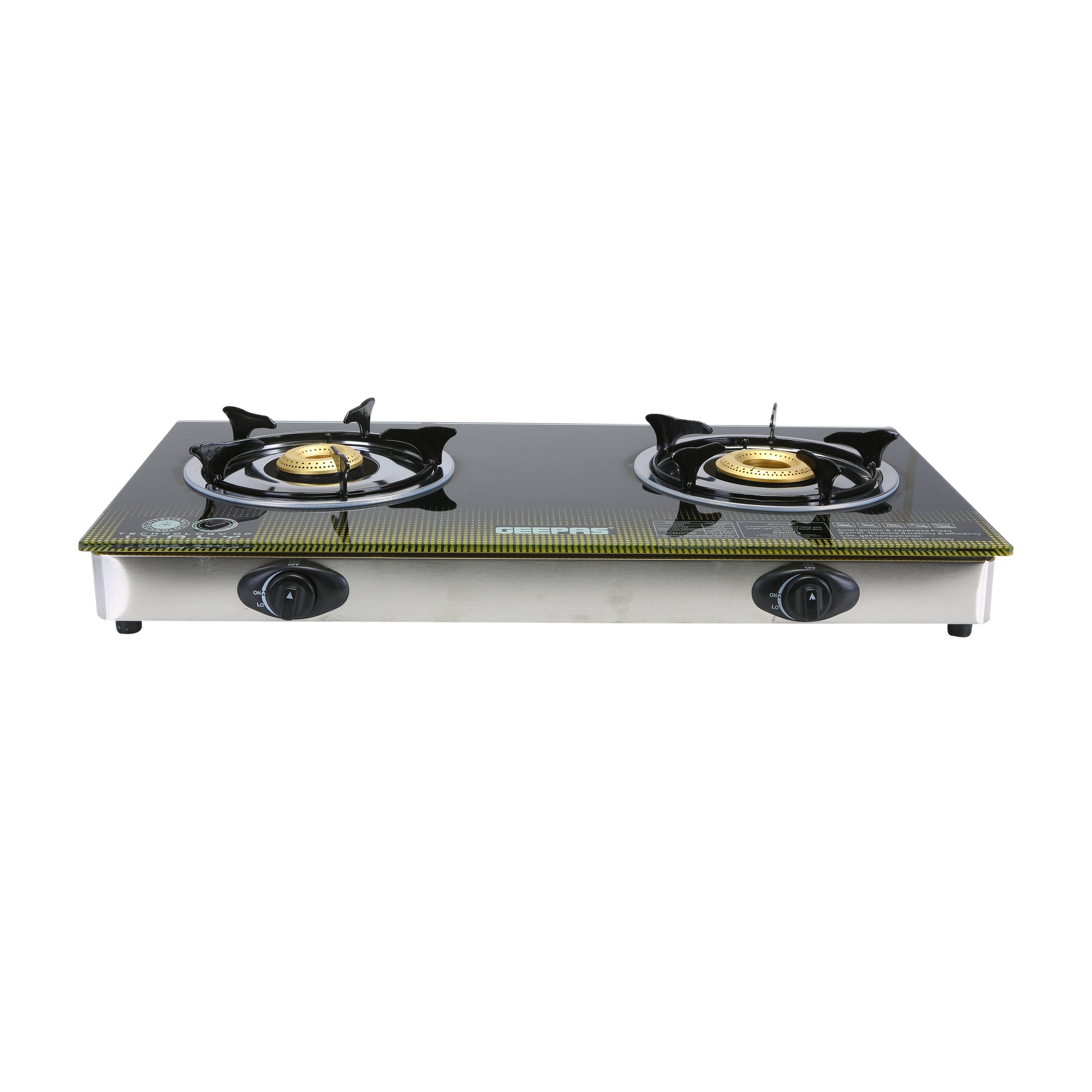 8mm Thick Tempered Gas, Auto Piezo Ignition Double Gas Burner, Stainless Steel frame & Tray, LPG With 5000 pa, Heavy Cast Iron Mixing Tube, Enamel Pan Support GK6758 Multicolour