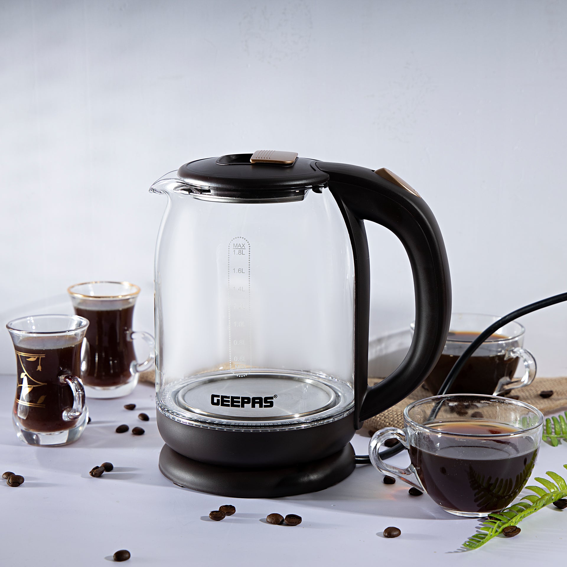 1.8 liter Electric Glass Kettle| Boil Dry Protection and Automatic Cut-Off | Perfect for Boiling Water, Milk, Tea| 1500 W Cool Touch Handle, Rotational Base, and Easy Clean Wide Opening| 2 Years Warranty 1.8 L 1500 W GK9901B Black/Clear