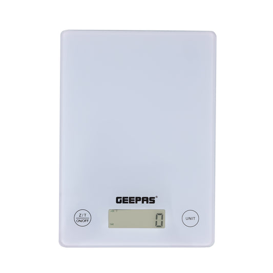 Geepas Electronic Kitchen Scale With Digital Display, 5 Kgs Max. Weight, 3 MM Tempered Glass, Tare Function, Low Battery/Overload Indication, Auto-Off, Tare Function GKS46525UK White