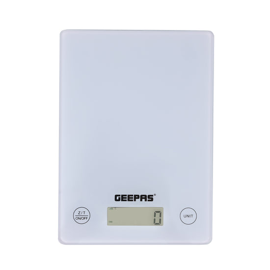 Geepas Electronic Kitchen Scale With Digital Display, 5 Kgs Max. Weight, 3 MM Tempered Glass, Tare Function, Low Battery/Overload Indication, Auto-Off, Tare Function GKS46525UK White