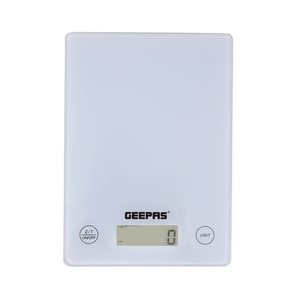 Geepas Electronic Kitchen Scale With Digital Display, 5 Kgs Max. Weight, 3 MM Tempered Glass, Tare Function, Low Battery/Overload Indication, Auto-Off, Tare Function GKS46525UK White