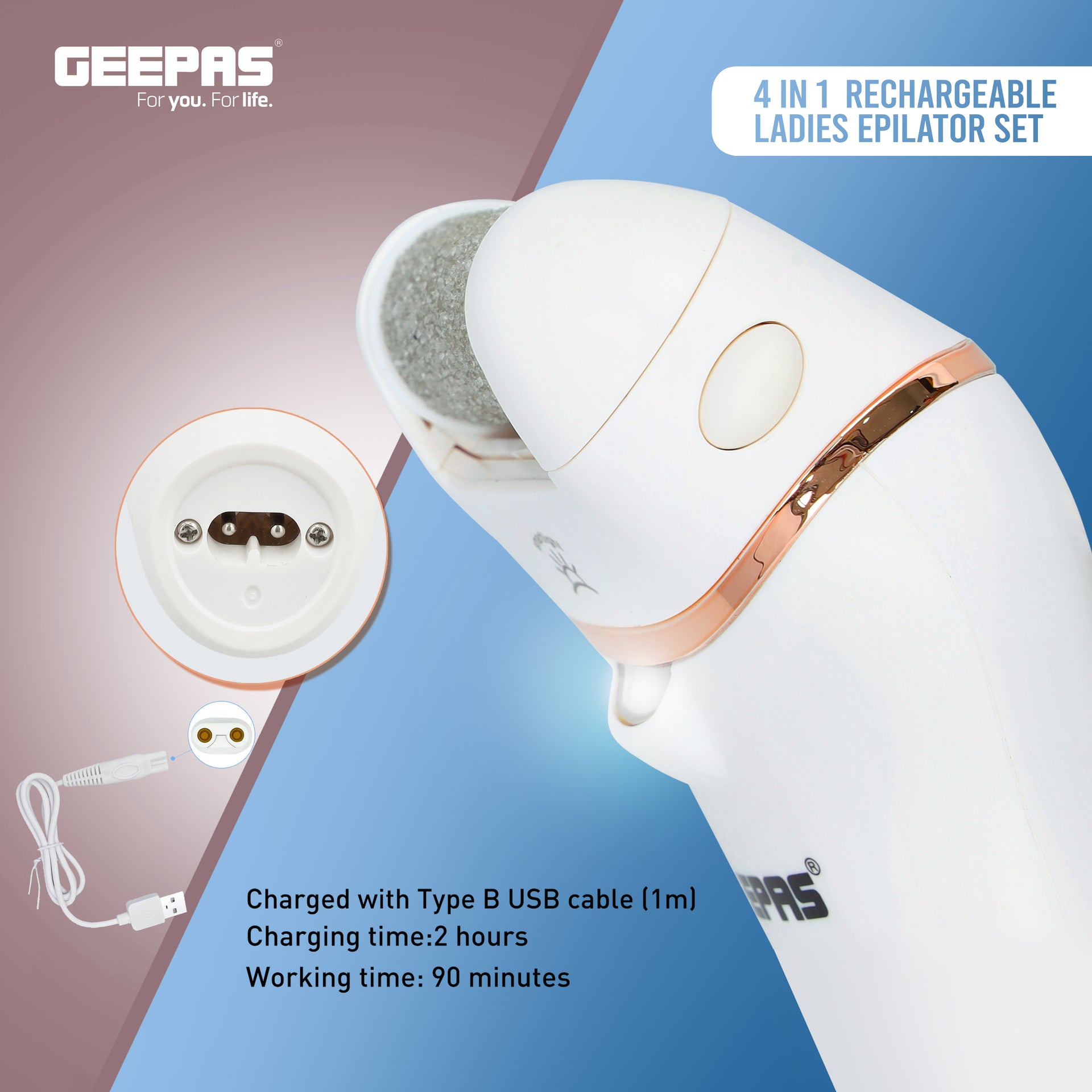 Geepas 4-in-1 Rechargeable Ladies Epilator Set- GLS86059| 2 Speed Setting, Hair Shaver Head, Callous Remover Fine Head | Li-Ion 600mAhx1 Battery Operated, Perfect for Face, Armpit, Leg and Body