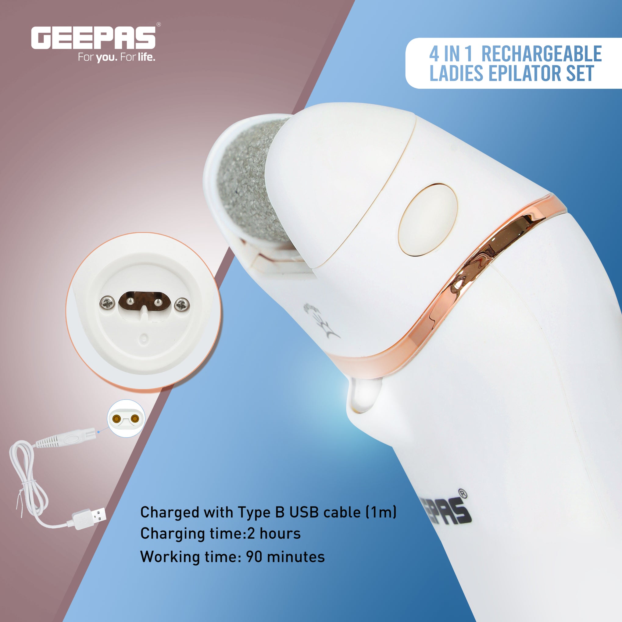 Geepas 4-in-1 Rechargeable Ladies Epilator Set- GLS86059| 2 Speed Setting, Hair Shaver Head, Callous Remover Fine Head | Li-Ion 600mAhx1 Battery Operated, Perfect for Face, Armpit, Leg and Body